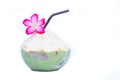 Fresh Green coconuts with drinking straw and flower isolated on