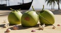 Fresh Green Coconuts and Seashells on Sandy Beach with a Boat Silhouette Royalty Free Stock Photo
