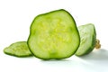 Fresh, green cucumber slice macro photo. Round slice of cucumber with seeds. Green pickle pulp