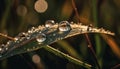 Fresh green dew drops on grass blades generated by AI