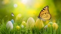 Fresh green Easter spring flower background with yellow butterfly art Royalty Free Stock Photo