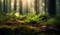 Fresh green ferns grow in the uncultivated forest generated by AI