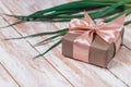 Fresh green flowers of fleur-de-lises with gift box with pink ribbon on white wooden table with copy space Royalty Free Stock Photo