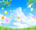 Fresh green frame background material with balloons flying in the blue sky with clouds where sunlight shines through
