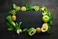 Fresh Green Fruits and Vegetables. Organic food. Rustic style. Top view. Royalty Free Stock Photo