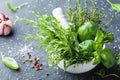 Fresh green garden herbs in mortar bowl and spices on black stone table. Thyme, rosemary, basil, and tarragon for cooking. Royalty Free Stock Photo