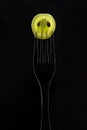 Fresh green grape berry on fork on dark black background. silhouette of a fork in the back light Royalty Free Stock Photo