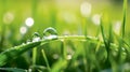 Fresh green grass, dew drops close up. Nature summer background. Generative AI Royalty Free Stock Photo