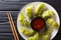 Fresh green gyoza dumplings with matcha are served with spicy chili sauce and microgreen close-up on the table. horizontal top