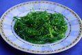 Fresh green hiyashi salad on a plate on a blue background Royalty Free Stock Photo