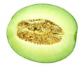 Fresh honeydew fruit slice to half. Melon peel grunge texture isolated on white background with clipping path. sweet dessert juicy Royalty Free Stock Photo