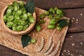 Fresh green hops and ears of wheat on wooden table, above view Royalty Free Stock Photo