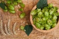 Fresh green hops and ears of wheat on wooden table, flat lay Royalty Free Stock Photo