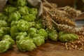 Fresh green hops, wheat grains and spikes on wooden table, closeup Royalty Free Stock Photo