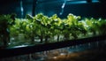 Fresh green hydroponic vegetable growth in modern factory generated by AI