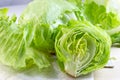 Fresh green iceberg lettuce salad leaves cut on light background on the table in the kitchen. Royalty Free Stock Photo