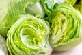 Fresh green iceberg lettuce salad leaves cut on light background on the table in the kitchen. Royalty Free Stock Photo