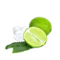 Fresh green juicy limes, lime slices, ice and mint leaves isolated on white background. Royalty Free Stock Photo