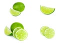 Fresh green juicy limes, lime slices, ice and mint leaves set isolated on white background. Royalty Free Stock Photo