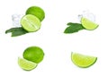 Fresh green juicy limes, lime slices, ice and mint leaves set isolated on white background. Royalty Free Stock Photo