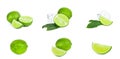 Fresh green juicy limes, lime slices, ice and mint leaves set isolated on white background. Royalty Free Stock Photo