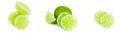 Fresh green juicy limes, lime slices, ice and mint leaves set isolated on white background. Royalty Free Stock Photo