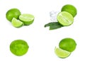 Fresh green juicy limes, lime slices, ice and mint leaves set isolated on white background. Royalty Free Stock Photo