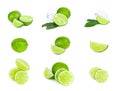 Fresh green juicy limes, lime slices, ice and mint leaves set isolated on white background Royalty Free Stock Photo