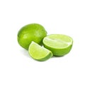 Fresh green juicy limes and lime slices isolated on white background. Royalty Free Stock Photo