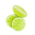 Fresh green juicy limes and lime slices isolated on white background. Royalty Free Stock Photo