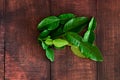 Fresh Green Kaffir Lime Leaves on wooden desk Background, ingradient for Asia`s food with copy space