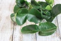 Fresh green leaf bergamot on wooden table background