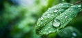 Fresh green leaf with drops close up. Mockup for the presentation of organic products and cosmetics. Background with empty space Royalty Free Stock Photo