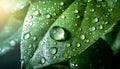 Fresh green leaf with drops close up. Mockup for the presentation of organic products and cosmetics. Background with empty space Royalty Free Stock Photo