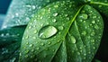 Fresh green leaf with drops close up. Mockup for the presentation of organic products and cosmetics. Background with empty space Royalty Free Stock Photo