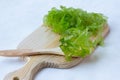 Fresh green leaves of Ulva seaweed, for making salad, on a wooden Board, light background