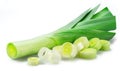 Fresh green leek stem and leek slices isolated on white background Royalty Free Stock Photo