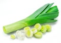 Fresh green leek stems and leek slices isolated on white background Royalty Free Stock Photo