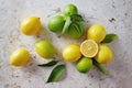 Ripe and unripe lemon with leaves