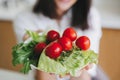 Fresh green lettuce, cherry tomatoes, arugula on plate in woman hands. Healthy eating and diet Royalty Free Stock Photo