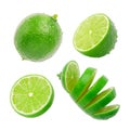 Fresh green lime has water drop with half slice collection Royalty Free Stock Photo