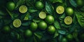 Fresh green limes with leaves, some whole and others sliced, create vibrant display