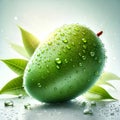 Fresh Green Mango with Dewdrops and Vibrant Leaves in Sunlit Setting AI-GENERATED Royalty Free Stock Photo