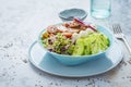 Fresh green mixed salad bowl with tuna, mozzarella and microgreens