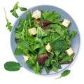 Fresh green mixed salad with spinach, rucola, romaine, lettuce and brie cheese, on white background, top view. Royalty Free Stock Photo