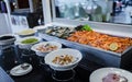 Fresh green mussel and shrimps in seafood on ice buffet bar