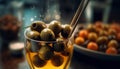 Fresh green olives adorn martini cocktail glass generated by AI Royalty Free Stock Photo