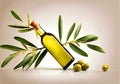 Fresh green olives and a bottle of olive oil, with a branch with leaves. Royalty Free Stock Photo