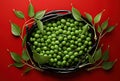 Fresh green olives in a rustic bowl surrounded by olive branches on a bright red background