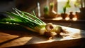 Fresh green onion on wooden table. Natural and tasty vegetable. Organic garden food Royalty Free Stock Photo